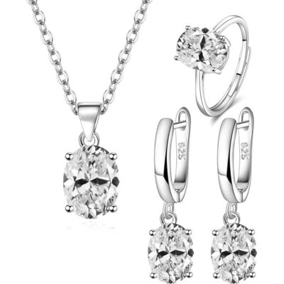 TOEECY Sieradenset voor dames, kristal, 925 verzilverd, ring, halsketting, oorbellen, zirkonia, elegant, bruiloft, avond, cadeau, Metaal TOEECY Sieradenset voor dames, kristal, 925 verzilverd, ring, halsketting, oorbellen, zirkonia, elegant, bruiloft, avond, cadeau, Metaal