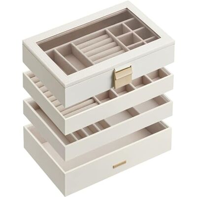 SONGMICS Sieradendoos, 4 niveaus, stapelbaar, sieradendienblad, grote sieradendoos, sieradendoos met glazen deksel, 17 x 28 x 18,3 cm, sieradeninzetstuk voor laden, cadeau-idee SONGMICS Sieradendoos, 4 niveaus, stapelbaar, sieradendienblad, grote sieradendoos, sieradendoos met glazen deksel, 17 x 28 x 18,3 cm, sieradeninzetstuk voor laden, cadeau-idee