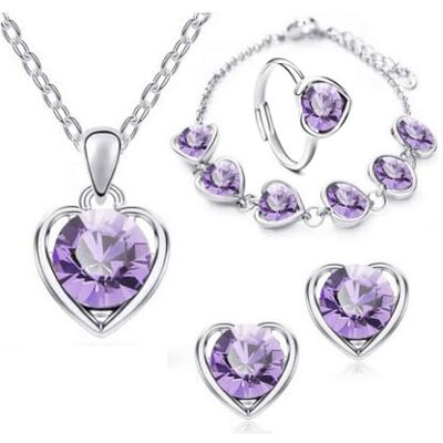 Clataly Sieradenset met halsketting, oorbellen, armband, ring en hartvormige hanger van kristal voor dames en meisjes, één maat, metaal Clataly Sieradenset met halsketting, oorbellen, armband, ring en hartvormige hanger van kristal voor dames en meisjes, één maat, metaal