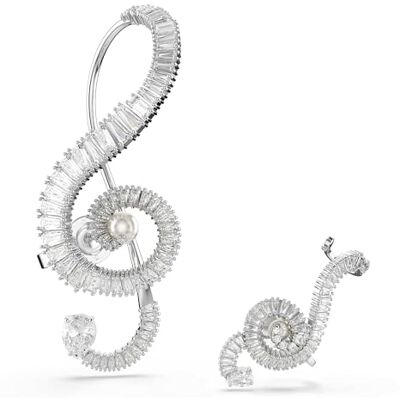 Swarovski x Ariana Grande clip-oorbellen in asymmetrisch design, met witte Crystal Pearl en baguette-geslepen kristallen, van gerhodineerd metaal Swarovski x Ariana Grande clip-oorbellen in asymmetrisch design, met witte Crystal Pearl en baguette-geslepen kristallen, van gerhodineerd metaal