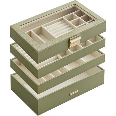 SONGMICS GISELLA Collection JBC164C02 stapelbare sieradendoos, 4 niveaus, sieradenopslag met laden, glazen deksel, afneembare scheidingswanden, 17 x 28 x 18,3 cm, cadeau-idee, lauriergroen SONGMICS GISELLA Collection JBC164C02 stapelbare sieradendoos, 4 niveaus, sieradenopslag met laden, glazen deksel, afneembare scheidingswanden, 17 x 28 x 18,3 cm, cadeau-idee, lauriergroen