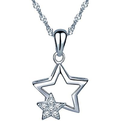 Unendlich U Halsketting en hanger voor dames en meisjes, van 925 sterling zilver, versierd met zirkonia, twee elegante sterren, zirkonia Unendlich U Halsketting en hanger voor dames en meisjes, van 925 sterling zilver, versierd met zirkonia, twee elegante sterren, zirkonia