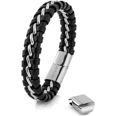 Akitsune Adeptus Leren armband voor dames en heren met roestvrijstalen banden in het midden, Roestvrij staal Akitsune Adeptus Leren armband voor dames en heren met roestvrijstalen banden in het midden, Roestvrij staal