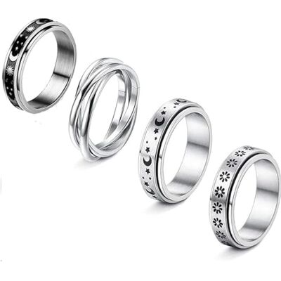 QIAMNI Set van 4 draaibare ringen voor dames van roestvrij staal met gezandstraalde afwerking om stress te verlichten, huwelijksbelofte, roestvrij staal QIAMNI Set van 4 draaibare ringen voor dames van roestvrij staal met gezandstraalde afwerking om stress te verlichten, huwelijksbelofte, roestvrij staal