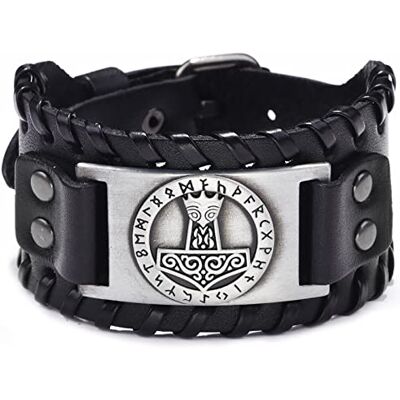 Thajaling Thor Mjolnir's Hammer Viking Leren armband, Scandinavische runen, Scandinavische mythologie, cosplay, Halloween, 22,5 cm, leer, Leer Thajaling Thor Mjolnir's Hammer Viking Leren armband, Scandinavische runen, Scandinavische mythologie, cosplay, Halloween, 22,5 cm, leer, Leer