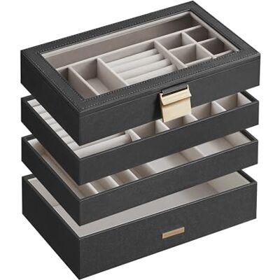 SONGMICS Sieradendoos, 4 niveaus, stapelbaar, sieradendienblad, grote sieradendoos, sieradendoos met glazen deksel, 17 x 28 x 18,3 cm, sieradeninzetstuk voor laden, cadeau-idee SONGMICS Sieradendoos, 4 niveaus, stapelbaar, sieradendienblad, grote sieradendoos, sieradendoos met glazen deksel, 17 x 28 x 18,3 cm, sieradeninzetstuk voor laden, cadeau-idee