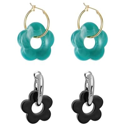UOPJDD Set van 2 paar minimalistische retro bloem oorbellen mooie oorbellen voor dames (blauw, zwart), één maat UOPJDD Set van 2 paar minimalistische retro bloem oorbellen mooie oorbellen voor dames (blauw, zwart), één maat