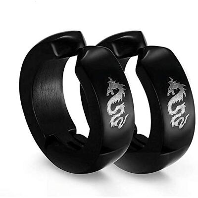 BlackAmazement Set van 2 creolen met clip van roestvrij staal 316L zonder gat Dragon Lucky zwart voor dames en heren, roestvrij staal, rvs BlackAmazement Set van 2 creolen met clip van roestvrij staal 316L zonder gat Dragon Lucky zwart voor dames en heren, roestvrij staal, rvs