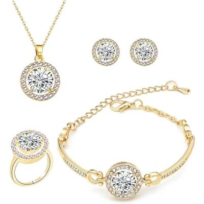TOFBS Sieradenset, rond, glanzend, halsketting, armband, ring, oorbellen, kristal, zirkonia, zilver, elegant, luxe, dames, verstelbaar, metaal, geen edelsteen TOFBS Sieradenset, rond, glanzend, halsketting, armband, ring, oorbellen, kristal, zirkonia, zilver, elegant, luxe, dames, verstelbaar, metaal, geen edelsteen