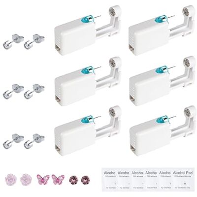 WNTJN Set van 6 zilveren oorbelpistolen, wegwerp-oorpiercingpistool, steriele piercing, met 3 paar rosas en 6 pendientes met alcoholisch katoen, geschikt WNTJN Set van 6 zilveren oorbelpistolen, wegwerp-oorpiercingpistool, steriele piercing, met 3 paar rosas en 6 pendientes met alcoholisch katoen, geschikt
