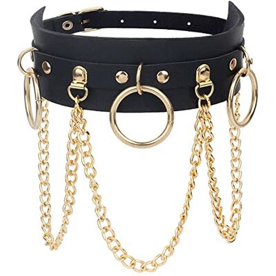 Yijunmca Gothic verstelbare punk choker ketting PU lederen ketting O-ring kwastje hanger choker vintage cirkel sleutelbeen ketting voor Halloween cosplay accessoires Yijunmca Gothic verstelbare punk choker ketting PU lederen ketting O-ring kwastje hanger choker vintage cirkel sleutelbeen ketting voor Halloween cosplay accessoires