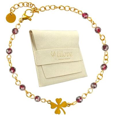 Zinello Design Armband van natuursteen, rode granaat, helende therapie voor dames met geluksklaverblad van roestvrij staal, ontworpen in Frankrijk. Armband met wellness-chakra. Cadeau-idee voor dames TILOVE Zinello Design Armband van natuursteen, rode granaat, helende therapie voor dames met geluksklaverblad van roestvrij staal, ontworpen in Frankrijk. Armband met wellness-chakra. Cadeau-idee voor dames TILOVE