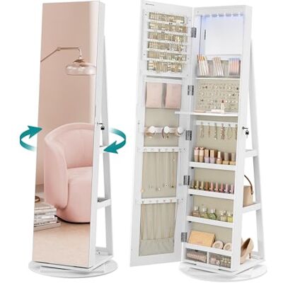 SONGMICS JJC007W02 Sieradenkast, 6 leds, 360° draaibaar, afsluitbaar, frameloze spiegel in volledige lengte, met opslag, wit oppervlak, grijs-beige voering SONGMICS JJC007W02 Sieradenkast, 6 leds, 360° draaibaar, afsluitbaar, frameloze spiegel in volledige lengte, met opslag, wit oppervlak, grijs-beige voering