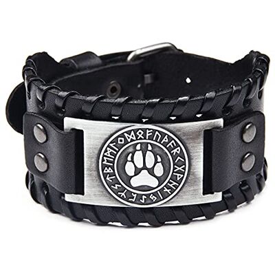 Thajaling Oude Zilveren Antieke Zwarte Lederen Armband met Wolf Poot En Noorse Runen Mannen Retro Punk Sieraden 10.63 Inch, Leer Thajaling Oude Zilveren Antieke Zwarte Lederen Armband met Wolf Poot En Noorse Runen Mannen Retro Punk Sieraden 10.63 Inch, Leer