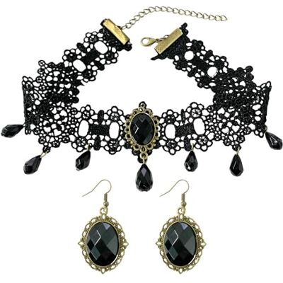 COACOM 1 x zwarte kanten ketting met 1 paar oorbellen, elegante halsketting voor dames, sexy verstelbare sleutelbeenketting, veelzijdige retro halsketting, accessoireset in gothic-stijl, COACOM 1 x zwarte kanten ketting met 1 paar oorbellen, elegante halsketting voor dames, sexy verstelbare sleutelbeenketting, veelzijdige retro halsketting, accessoireset in gothic-stijl,