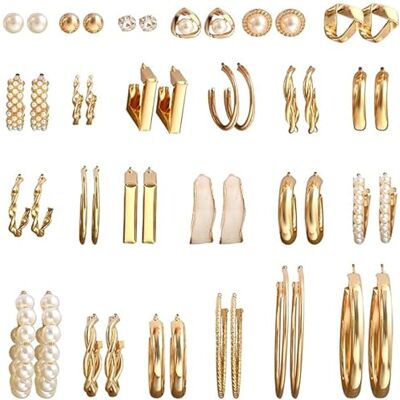 Musedimall 24 paar damesoorbellen, trendy goud, pareloorbellen, gouden piercing, kleine oorbellen, set voor vriendin, vrouw, goede vrienden, verjaardag Musedimall 24 paar damesoorbellen, trendy goud, pareloorbellen, gouden piercing, kleine oorbellen, set voor vriendin, vrouw, goede vrienden, verjaardag