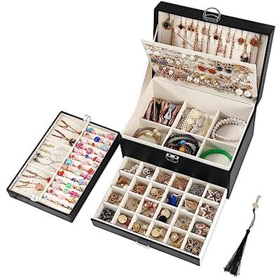 BOOVO Sieradendoos voor dames en meisjes, 5-laags sieradenorganizer met slot voor oorbellen, halsketting, ring (zwart) BOOVO Sieradendoos voor dames en meisjes, 5-laags sieradenorganizer met slot voor oorbellen, halsketting, ring (zwart)