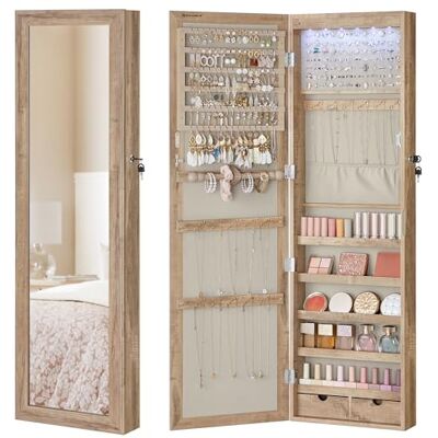 SONGMICS Led-verlichte sieradenkast, 120 cm hoog, sieradenorganizer, afsluitbare spiegelkast, hangende wanddeur, 10 x 37 x 120 cm, 2 laden, lauriergroen JJC093C01 SONGMICS Led-verlichte sieradenkast, 120 cm hoog, sieradenorganizer, afsluitbare spiegelkast, hangende wanddeur, 10 x 37 x 120 cm, 2 laden, lauriergroen JJC093C01
