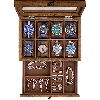 SONGMICS JOW008K01 Horlogedoos met 8 vakken, massief houten doos, met glazen deksel en horlogekussens, opbergdoos voor sieraden, cadeau voor je geliefde, notenhout SONGMICS JOW008K01 Horlogedoos met 8 vakken, massief houten doos, met glazen deksel en horlogekussens, opbergdoos voor sieraden, cadeau voor je geliefde, notenhout