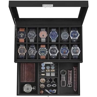 SONGMICS JWB012B03 Horlogedoos met glazen deksel, 2 etages, afsluitbaar, 1 lade, voor ringen, armbanden, zwart kunstleer, zwarte voering, JWB012B03 SONGMICS JWB012B03 Horlogedoos met glazen deksel, 2 etages, afsluitbaar, 1 lade, voor ringen, armbanden, zwart kunstleer, zwarte voering, JWB012B03