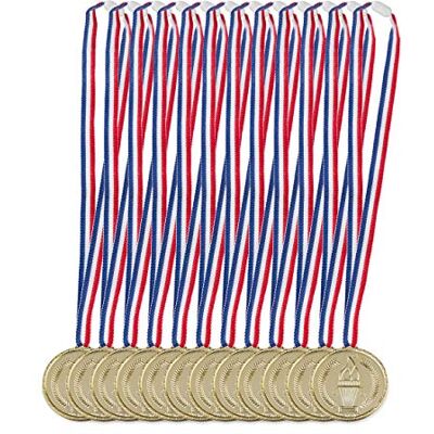 Relaxdays Set van 12 gouden medailles voor kinderen, band, fakkel, beloning voor prijzen, 5 cm diameter, kunststof, goudkleurig Relaxdays Set van 12 gouden medailles voor kinderen, band, fakkel, beloning voor prijzen, 5 cm diameter, kunststof, goudkleurig