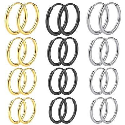 JOOTUEPO Oorbellen, 12 paar creolen, goud/zilver/zwart, oorbellen van roestvrij staal, oorbellen voor heren, ringen, hypoallergeen, 8/10/12/14 mm JOOTUEPO Oorbellen, 12 paar creolen, goud/zilver/zwart, oorbellen van roestvrij staal, oorbellen voor heren, ringen, hypoallergeen, 8/10/12/14 mm