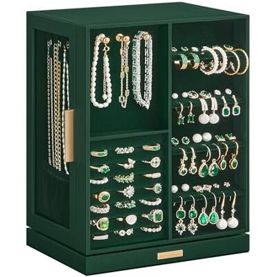 SONGMICS Sieradendoos, 360 graden draaibaar, sieradendoos met 5 laden, zijramen van glas, ruim, verticale sieradenopslag, open design, cadeau-idee, bosgroen JBC170C01 SONGMICS Sieradendoos, 360 graden draaibaar, sieradendoos met 5 laden, zijramen van glas, ruim, verticale sieradenopslag, open design, cadeau-idee, bosgroen JBC170C01