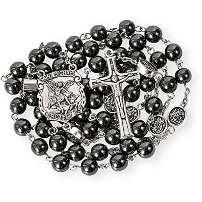 Nazareth Store Hematiet, rozenkrans, zwarte steen, parels, halsketting, projectie, onze vader, gebedsmedaille met centraal punt van Sint Michael en kruisbeeld, 51 cm, steen, hematiet Nazareth Store Hematiet, rozenkrans, zwarte steen, parels, halsketting, projectie, onze vader, gebedsmedaille met centraal punt van Sint Michael en kruisbeeld, 51 cm, steen, hematiet