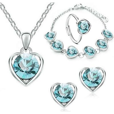 TOFBS Set hart sieraden kristal glanzend ketting oorbellen armband ring dames elegant zilver, Mittel, metaal, geen edelsteen TOFBS Set hart sieraden kristal glanzend ketting oorbellen armband ring dames elegant zilver, Mittel, metaal, geen edelsteen