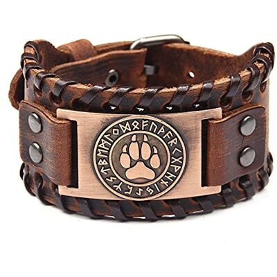 Thajaling Leren armband met Viking Wolf en Scandinavische runen voor heren, punk, Halloween-kostuum, leer Thajaling Leren armband met Viking Wolf en Scandinavische runen voor heren, punk, Halloween-kostuum, leer