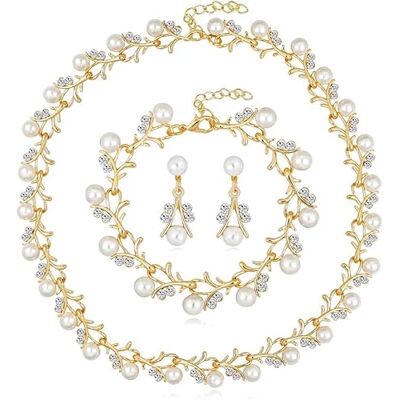 TOFBS Sieradenset Dames Tak Bloemen Witte Kralen Ketting Armband Oorbellen Kristallen Glanzende Set Elegante Bruiloft Ceremonie, One Size, Metaal, Parel TOFBS Sieradenset Dames Tak Bloemen Witte Kralen Ketting Armband Oorbellen Kristallen Glanzende Set Elegante Bruiloft Ceremonie, One Size, Metaal, Parel