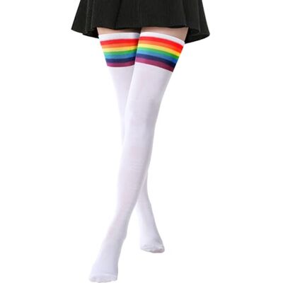 DRESHOW Damessokken, katoen, extra lang, hoge dijen, kniekousen, voor sport, cosplay, 1 paar extra lang: wit (regenboogstrepen) Taille unique DRESHOW Damessokken, katoen, extra lang, hoge dijen, kniekousen, voor sport, cosplay, 1 paar extra lang: wit (regenboogstrepen) Taille unique