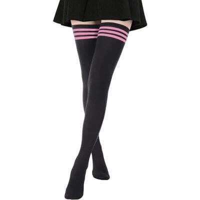 DRESHOW Damessokken, katoen, extra lang, hoge dijen, kniekousen, voor sport, cosplay, 1 paar extra lang: zwart (roze streep) Taille unique DRESHOW Damessokken, katoen, extra lang, hoge dijen, kniekousen, voor sport, cosplay, 1 paar extra lang: zwart (roze streep) Taille unique