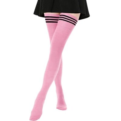 DRESHOW Damessokken, katoen, extra lang, hoge dijen, kniekousen, voor sport, cosplay, 1 paar extra lang: roze (zwarte strepen), Eén maat Eén maat DRESHOW Damessokken, katoen, extra lang, hoge dijen, kniekousen, voor sport, cosplay, 1 paar extra lang: roze (zwarte strepen), Eén maat Eén maat
