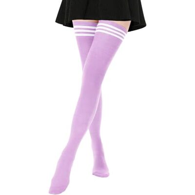DRESHOW Damessokken, katoen, extra lang, hoge dijen, kniekousen, voor sport, cosplay, 1 paar extra lang: paars (witte strepen) Taille unique DRESHOW Damessokken, katoen, extra lang, hoge dijen, kniekousen, voor sport, cosplay, 1 paar extra lang: paars (witte strepen) Taille unique