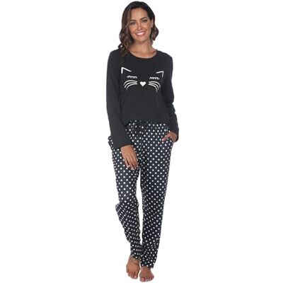 Reliwel Pyjama voor dames, katoen, bedrukt, loungewear, T-shirt met lange mouwen, borstzak en pyjamabroek, ronde hals, knuffelige pyjamaset, M M Reliwel Pyjama voor dames, katoen, bedrukt, loungewear, T-shirt met lange mouwen, borstzak en pyjamabroek, ronde hals, knuffelige pyjamaset, M M