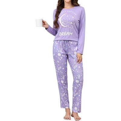Reliwel Damespyjama van katoen, bedrukt, loungewear T-shirt met lange mouwen en borstzak en pyjamabroek Ronde hals Knuffelige pyjamaset, Paars #E, XXL XXL Reliwel Damespyjama van katoen, bedrukt, loungewear T-shirt met lange mouwen en borstzak en pyjamabroek Ronde hals Knuffelige pyjamaset, Paars #E, XXL XXL