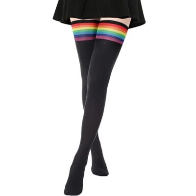 DRESHOW Damessokken, katoen, extra lang, hoge dijen, kniekousen, voor sport, cosplay, 1 paar extra lang: zwart (regenboogstrepen), Eén maat Eén maat DRESHOW Damessokken, katoen, extra lang, hoge dijen, kniekousen, voor sport, cosplay, 1 paar extra lang: zwart (regenboogstrepen), Eén maat Eén maat