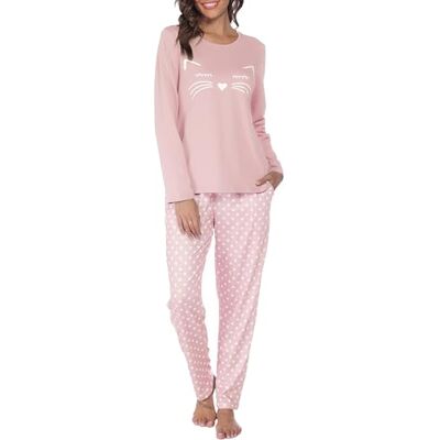 Reliwel Pyjama voor dames, katoen, bedrukt, loungewear, T-shirt met lange mouwen, borstzak en pyjamabroek, ronde hals, knuffelige pyjamaset, XL XL Reliwel Pyjama voor dames, katoen, bedrukt, loungewear, T-shirt met lange mouwen, borstzak en pyjamabroek, ronde hals, knuffelige pyjamaset, XL XL
