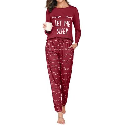Reliwel Pyjama voor dames, katoen, bedrukt, loungewear, T-shirt met lange mouwen, borstzak en pyjamabroek, ronde hals, knuffelige pyjamaset, M M Reliwel Pyjama voor dames, katoen, bedrukt, loungewear, T-shirt met lange mouwen, borstzak en pyjamabroek, ronde hals, knuffelige pyjamaset, M M