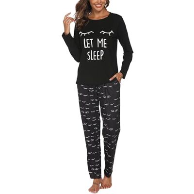 Reliwel Pyjama voor dames, katoen, bedrukt, loungewear, T-shirt met lange mouwen, borstzak en pyjamabroek, ronde hals, knuffelige pyjamaset, zwart., L L Reliwel Pyjama voor dames, katoen, bedrukt, loungewear, T-shirt met lange mouwen, borstzak en pyjamabroek, ronde hals, knuffelige pyjamaset, zwart., L L