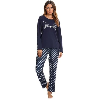 Reliwel Pyjama voor dames, katoen, bedrukt, loungewear, T-shirt met lange mouwen, borstzak en pyjamabroek, ronde hals, knuffelige pyjamaset, XL XL Reliwel Pyjama voor dames, katoen, bedrukt, loungewear, T-shirt met lange mouwen, borstzak en pyjamabroek, ronde hals, knuffelige pyjamaset, XL XL