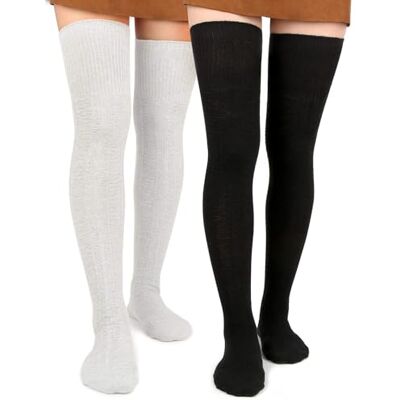 Wood Dames hoge sokken extra lang katoen gebreid warm dik grote laarzen kousen beenwarmers, set van 2 (zwart, wit), één maat, 2 paar zwart en wit Taille unique Wood Dames hoge sokken extra lang katoen gebreid warm dik grote laarzen kousen beenwarmers, set van 2 (zwart, wit), één maat, 2 paar zwart en wit Taille unique