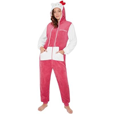Hello Kitty Sanrio Fleece jumpsuit voor dames met 3D-oren, comfortabele pyjama om te ontspannen, Kawaii pyjama voor tieners, anime-cadeau voor dames S Hello Kitty Sanrio Fleece jumpsuit voor dames met 3D-oren, comfortabele pyjama om te ontspannen, Kawaii pyjama voor tieners, anime-cadeau voor dames S