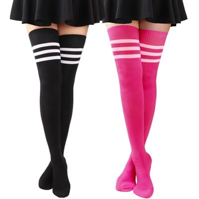 DRESHOW Damessokken, katoen, extra lang, hoge dijen, kniekousen, voor sport, cosplay, 2 paar extra lange set 07, Eén maat Eén maat DRESHOW Damessokken, katoen, extra lang, hoge dijen, kniekousen, voor sport, cosplay, 2 paar extra lange set 07, Eén maat Eén maat