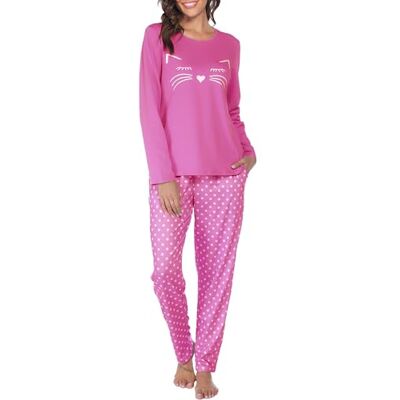 Reliwel Pyjama voor dames, katoen, bedrukt, loungewear, T-shirt met lange mouwen, borstzak en pyjamabroek, ronde hals, knuffelige pyjamaset, S S Reliwel Pyjama voor dames, katoen, bedrukt, loungewear, T-shirt met lange mouwen, borstzak en pyjamabroek, ronde hals, knuffelige pyjamaset, S S