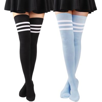 DRESHOW 2 paar damessokken, katoen, extra lang, hoge dijen, kniekousen, voor sport, cosplay Eén maat DRESHOW 2 paar damessokken, katoen, extra lang, hoge dijen, kniekousen, voor sport, cosplay Eén maat