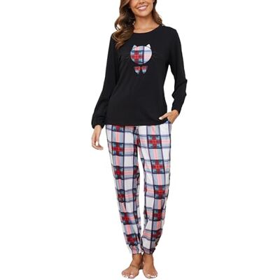 Reliwel Pyjama voor dames, katoen, bedrukt, loungewear, T-shirt met lange mouwen, borstzak en pyjamabroek, ronde hals, knuffelige pyjamaset, Zwart, M M Reliwel Pyjama voor dames, katoen, bedrukt, loungewear, T-shirt met lange mouwen, borstzak en pyjamabroek, ronde hals, knuffelige pyjamaset, Zwart, M M