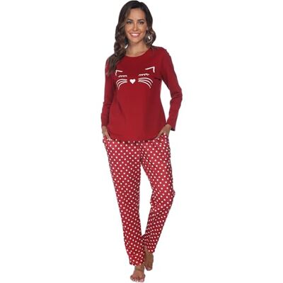 Reliwel Pyjama voor dames, katoen, bedrukt, loungewear, T-shirt met lange mouwen, borstzak en pyjamabroek, ronde hals, knuffelige pyjamaset, XL XL Reliwel Pyjama voor dames, katoen, bedrukt, loungewear, T-shirt met lange mouwen, borstzak en pyjamabroek, ronde hals, knuffelige pyjamaset, XL XL