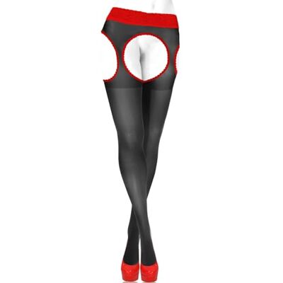 sesto senso Panty met bandjes, open kruis, kanten kousenband riem, 15 denier, Zwart en rood M sesto senso Panty met bandjes, open kruis, kanten kousenband riem, 15 denier, Zwart en rood M